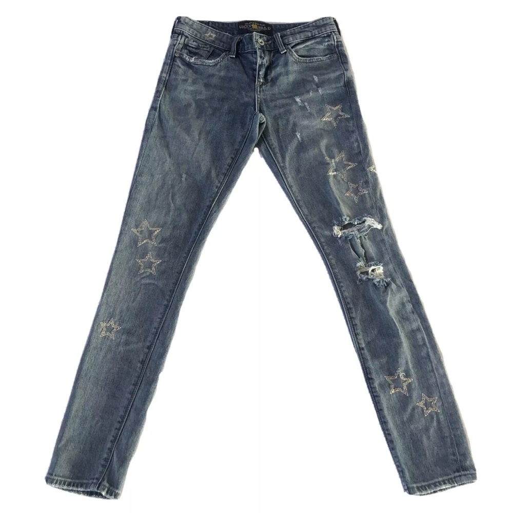 Lucky Brand Jeans Embroidered Womens Size 24 Blue Distressed Star Waist 26 in
